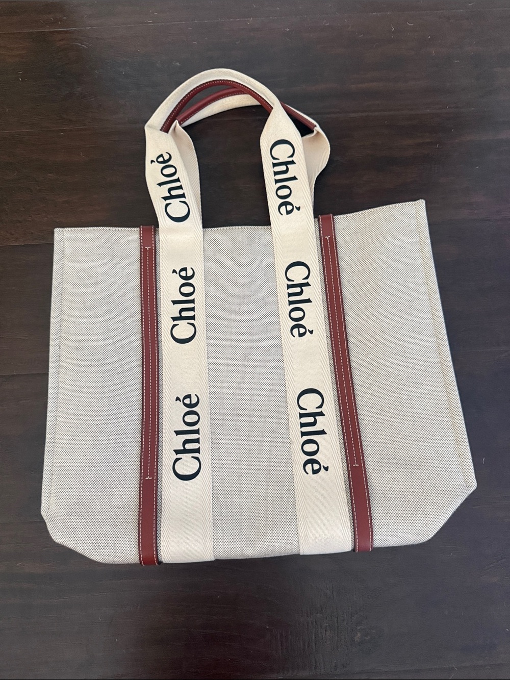 Chloé Woody Beige Canvas Tote with Burgundy Trim and Branded Straps